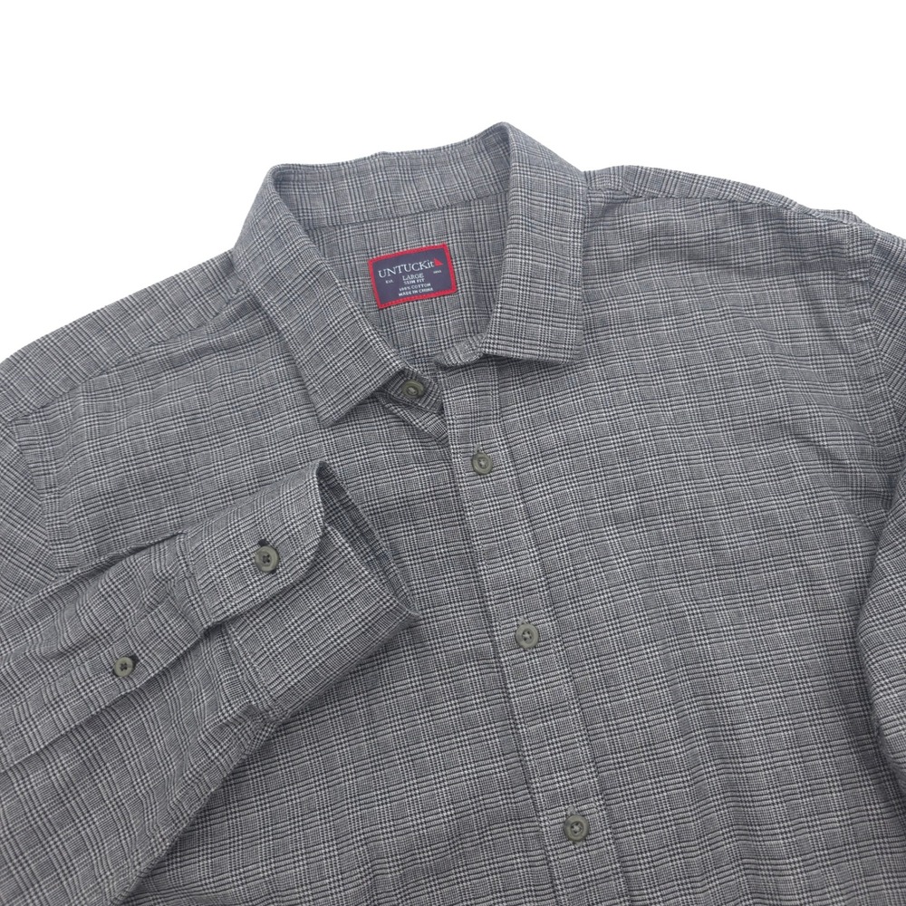 UNTUCKit Mens Large Slim Fit Gray Glen Plaid Cotton Long Sleeve Button Down